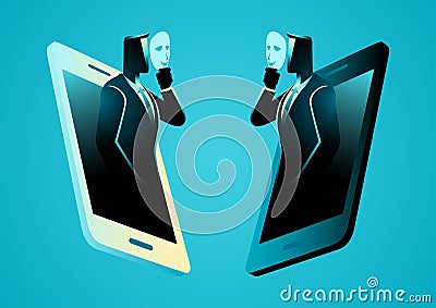 Businessmen talking with each other using mask through smart phone Vector Illustration