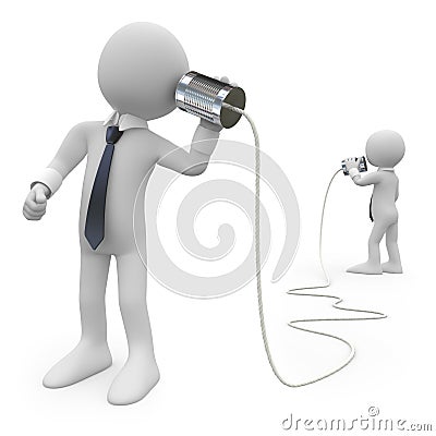 Businessmen talking on a homemade can phone Stock Photo