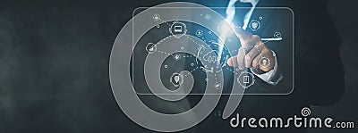 Businessmen tap on the hologram icon online data network connection, uploading data to the cloud so that the data can be Stock Photo