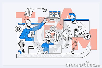 Businessmen together build word teamwork, abstract design graphic, construction business project. Line vector business Vector Illustration