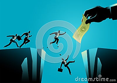Businessmen trying to reach the money hold by giant hand separated by a ravine Vector Illustration