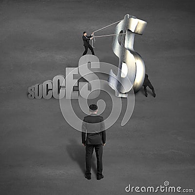 Businessmen trying to stand money symbol on success growing trend Stock Photo