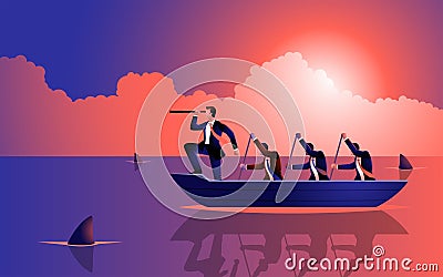 Businessmen united in courage as they row a boat across shark-infested waters Vector Illustration