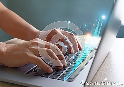 Businessmen use a laptop to view company financial reports and graphics showing financial growth data and figures financial Stock Photo