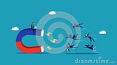 Businessmen use large magnets to attract people. Customer Acquisition and Online Marketing Vector Illustration