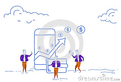 Businessmen using mobile payment application financial arrow up money growth wealth dollar coin online wallet business Vector Illustration