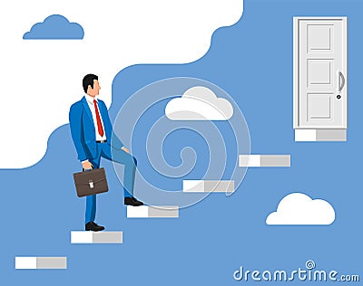 Businessmen walk up stairs to the door. Vector Illustration