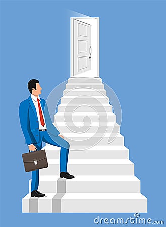 Businessmen walk up stairs to the door. Vector Illustration