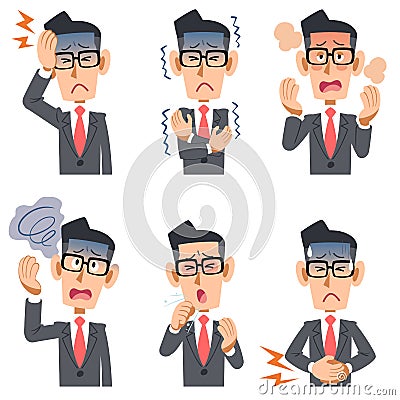 Businessmen wearing glasses Six symptoms of illness Vector Illustration
