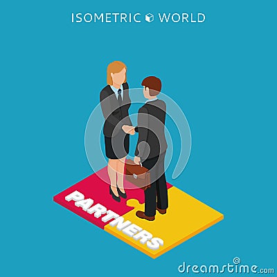 Businessmen and woman handshake isometric illustration, business concept agreement and cooperation Vector Illustration