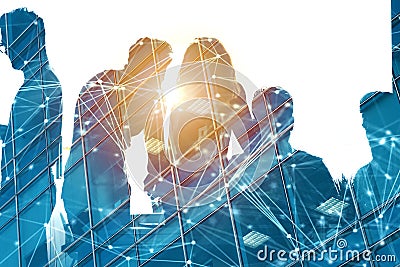 Businessmen that work together in office with network effect. Concept of teamwork and partnership. double exposure Stock Photo