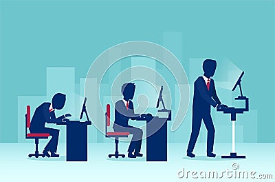 Businessmen working on computers in the office in different sitting positions one of them using a standing desk Stock Photo