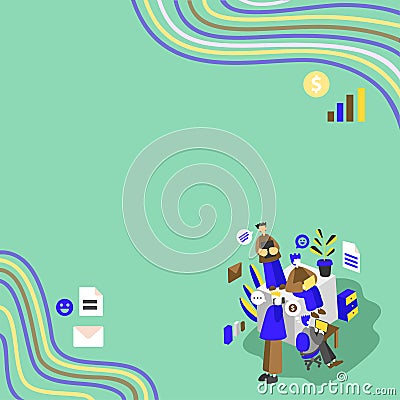 Businessmen Working Together On Lap Tops, One Talking On Phone. Group Of Four Friends In Office Doing Work, Two On Vector Illustration