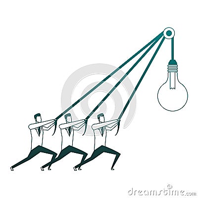 Businessmens pulling bulb light in blue lines Vector Illustration