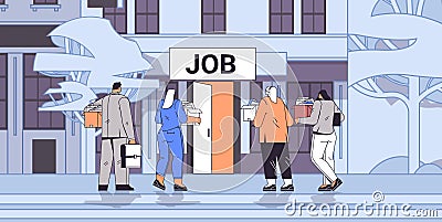 businesspeople candidates standing in line queue to door office hiring job employment crisis concept Vector Illustration