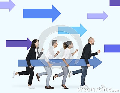 Businesspeople carrying a blue arrow to the goal Stock Photo