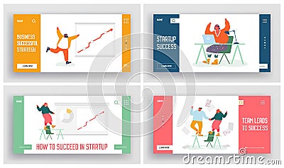 Businesspeople Celebrate Financial Breakthrough and Business Success Website Landing Page Set. Happy Managers Vector Illustration