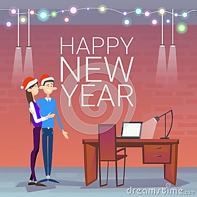 Businesspeople Celebrate Merry Christmas And Happy New Year Couple Wear Santa Hat Vector Illustration