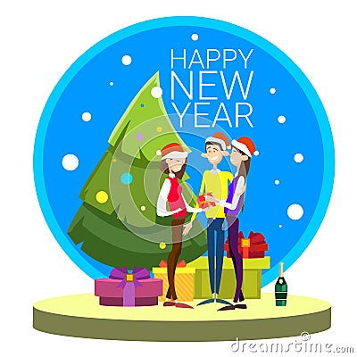Businesspeople Celebrate Merry Christmas And Happy New Year People Group Santa Hat Vector Illustration