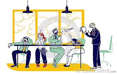 Businesspeople Characters Boring at Meeting or Presentation. Businessman Explain Company Strategy or Data Analysis Vector Illustration