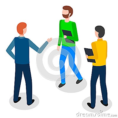 Businesspeople characters with folder. Man colleagues, teamwork cooperation group of people speaking Vector Illustration