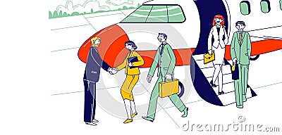 Businesspeople Characters Leaving Airplane Shaking Hand with Meeting Person on Ground. Business Travel Vector Illustration