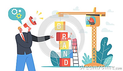 Businesspeople Characters Work on Crane Build Tower of Colored Cubes. Marketing and Promotional Campaign, Brand Building Vector Illustration
