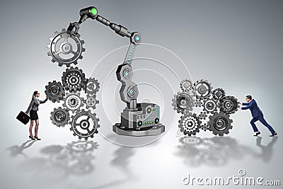 The businesspeople with cogwheel and robotic arm Stock Photo