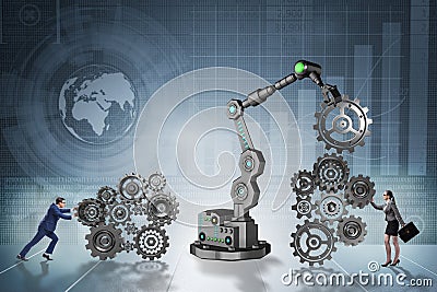 The businesspeople with cogwheel and robotic arm Stock Photo