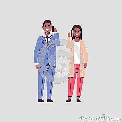 Businesspeople couple using smartphones business man woman making calls talking on cellphone communication concept Vector Illustration