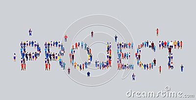 Businesspeople crowd gathering in shape of project word different business people employees group standing together Vector Illustration