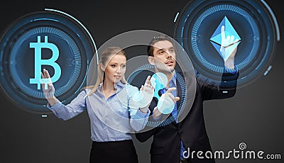 Businesspeople with cryptocurrency holograms Editorial Stock Photo