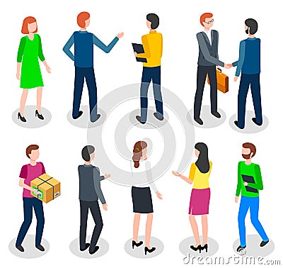 Businesspeople different characters set. Man and woman colleagues, group of people speaking Vector Illustration