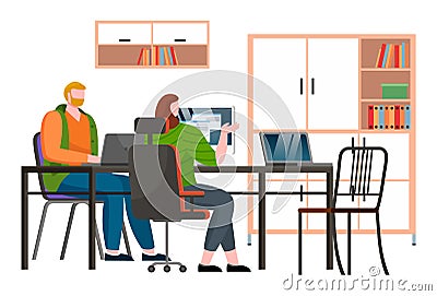 Businesspeople discuss a project. Business meeting, working process in office room with computer Vector Illustration