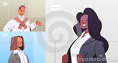 Businesspeople discussing during corporate online conference mix race team working by group video call Vector Illustration