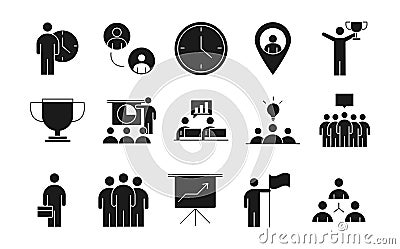 Businesspeople financial money business management developing successful icons set line style Vector Illustration