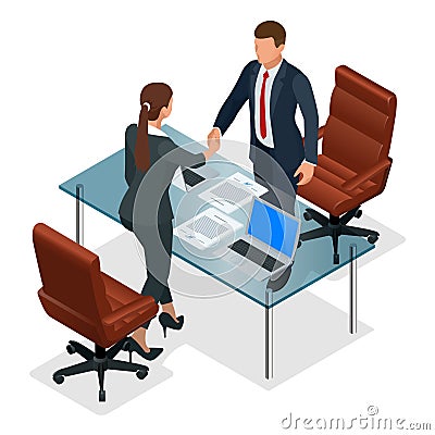 Businesspeople handshaking after negotiation or interview at office. Productive partnership concept. Constructive Vector Illustration