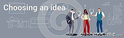 Businesspeople holding light bulbs men proposing creative business plan to woman boss choosing idea concept successful Vector Illustration