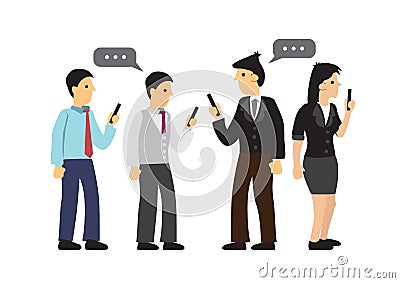 Businesspeople ignore each other and holding mobile in hands. Concept of technology addiction or bad habit Vector Illustration