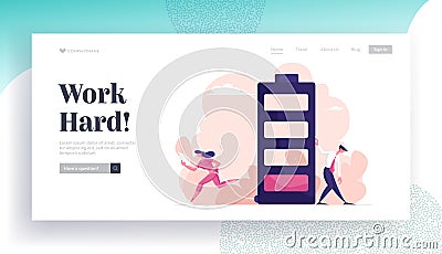 Businesspeople Life Energy Website Landing Page. Tired Businessman Leaning Huge Battery with Low Red Color Level Bar Vector Illustration