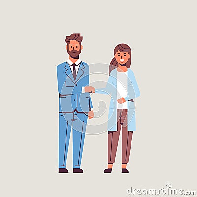 Businesspeople man woman handshaking business partners couple hand shake during meeting agreement partnership concept Vector Illustration