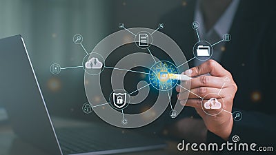 Businesspeople pointing pen computer coding AI background futuristic future digital technology. AI learning and business Stock Photo
