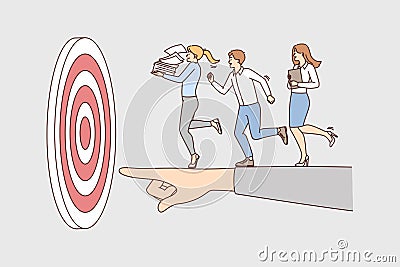 Businesspeople run on huge hand to goal Vector Illustration