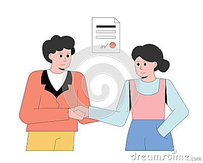 Businesspeople shaking hands. Woman and man standing near and conclude agreement Vector Illustration