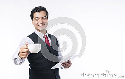 Businesspeople successful technology communication concept. Confident positive handsome businessman holding cup of coffee or tea Stock Photo