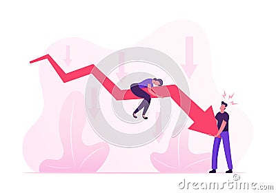 Businesspeople Trying to Rise Up Huge Red Arrow Going Down. Woman Sitting above, Man Trying to Move Falling Chart Vector Illustration