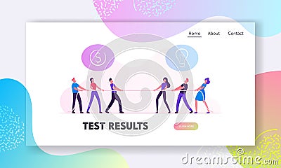 Businesspeople Tug of War Process Website Landing Page. Businessmen and Businesswomen Pulling Rope with Signs of Dollar Vector Illustration