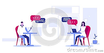 Businesspeople using gadgets online application social network chatting communication concept man woman couple with chat Vector Illustration