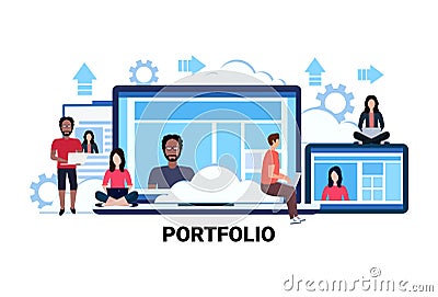 Businesspeople using gadgets online resume information portfolio concept mix race people communication flat horizontal Vector Illustration