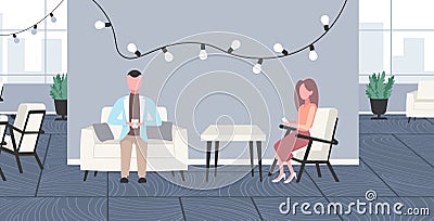 Businesspeople using smartphones business man woman coworkers sitting armchair creative office open space co-working Vector Illustration